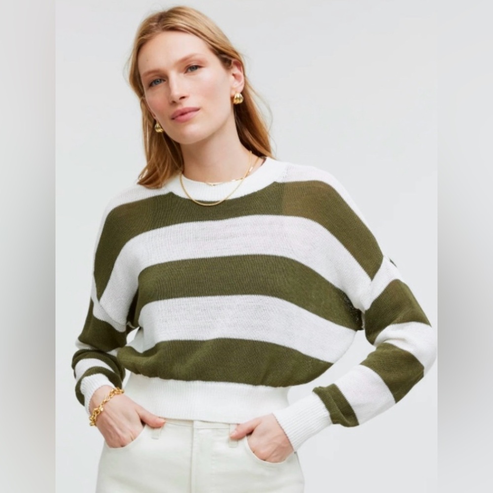 Madewell Cropped Crewneck Sweater Cotton Knit in white green Plus Size XXL NWOT